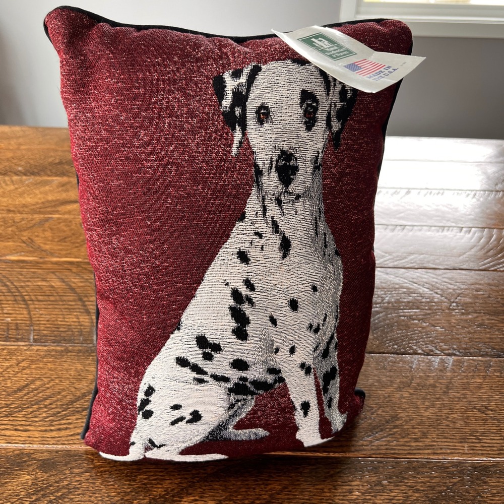 Manual Woodworkers Dalmatian Dog Jacquard Woven Throw Pillow Burgundy Red USA